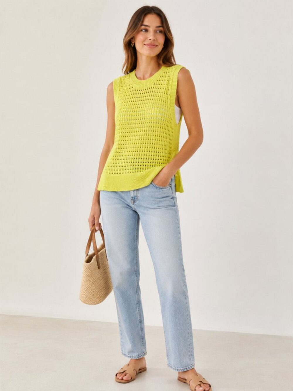Varley Lime Crochet Side Slit Sleeveless Knit Vest Tank Top Open Stitch Sz M